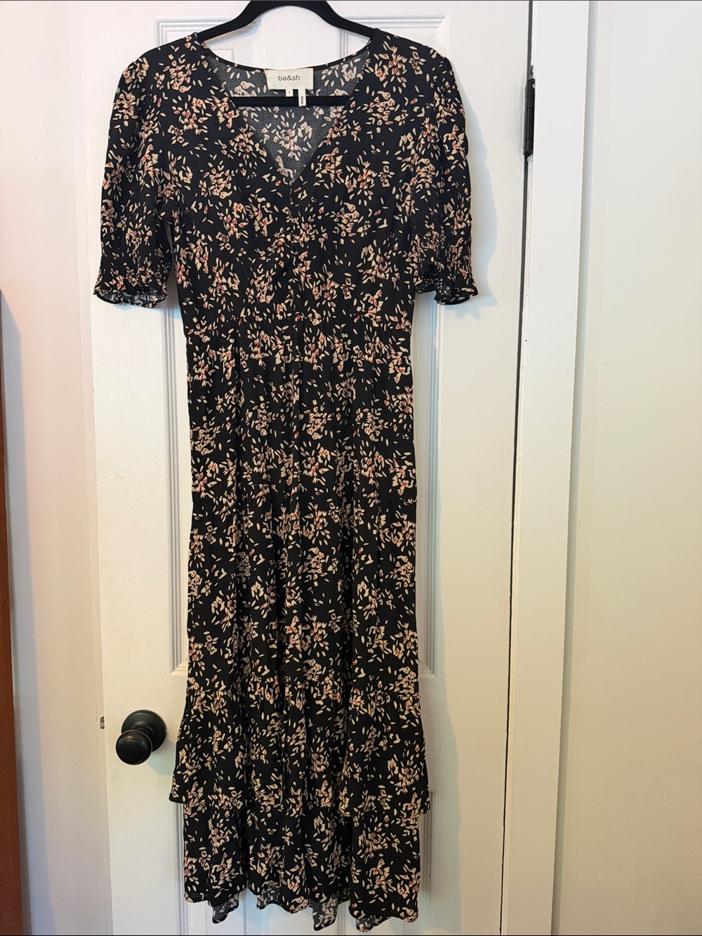 ba&sh Black Maxi Dress with Pink Floral Print